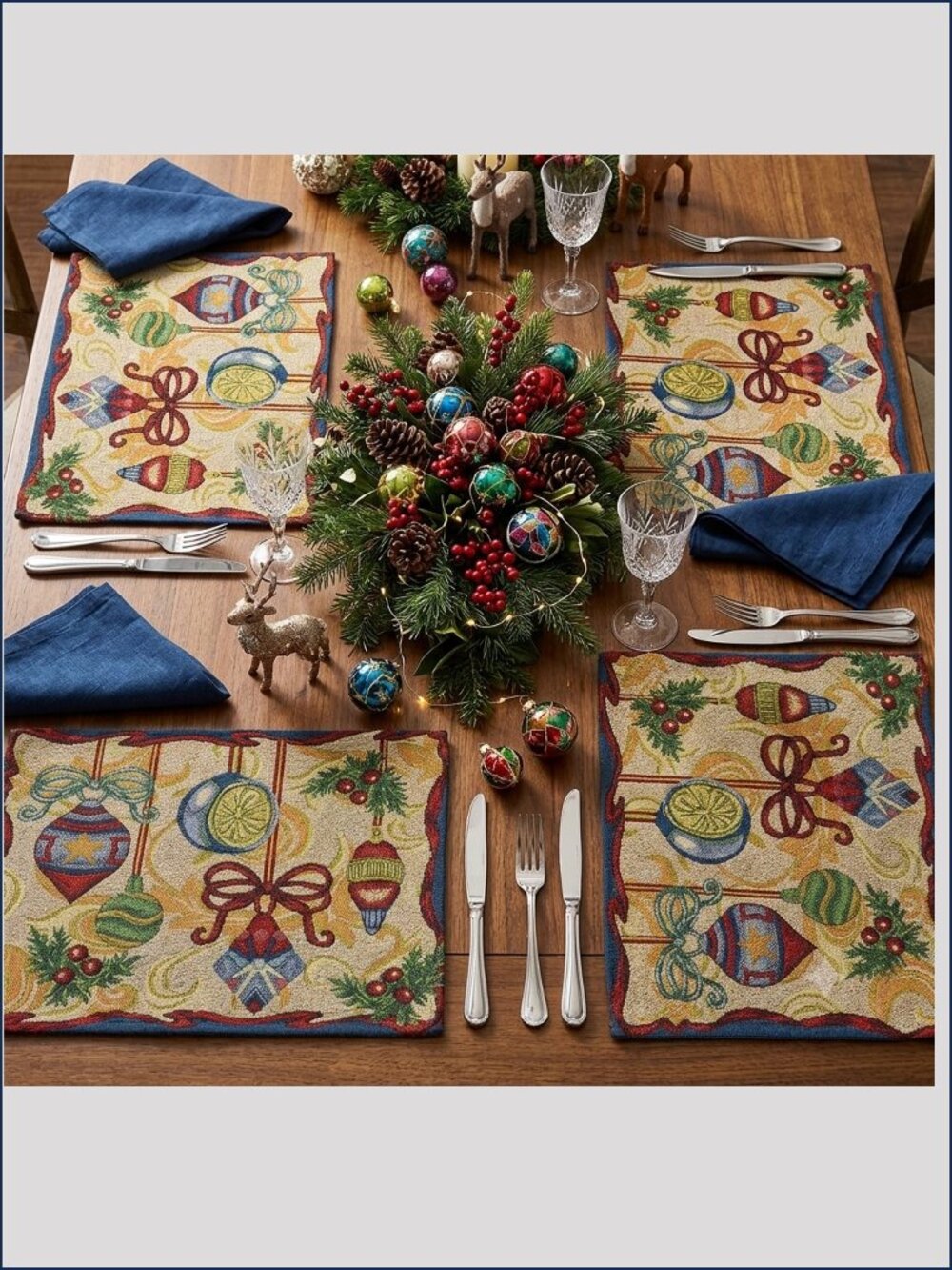 Jewel Tone Christmas Ornament Woven Tapestry (4) Placemats Holiday Cottagecore